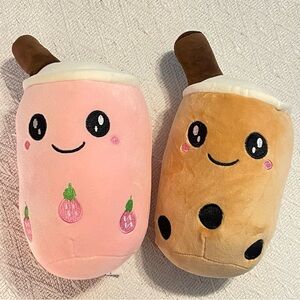 Boba Bubble Tea Mocha Plush 9” Brown  & Pink Strawberry Set Plushie Pillow NWOT